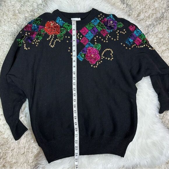 Vibrant vintage Black Sweater with Floral Embellishments - Picture 3 of 7